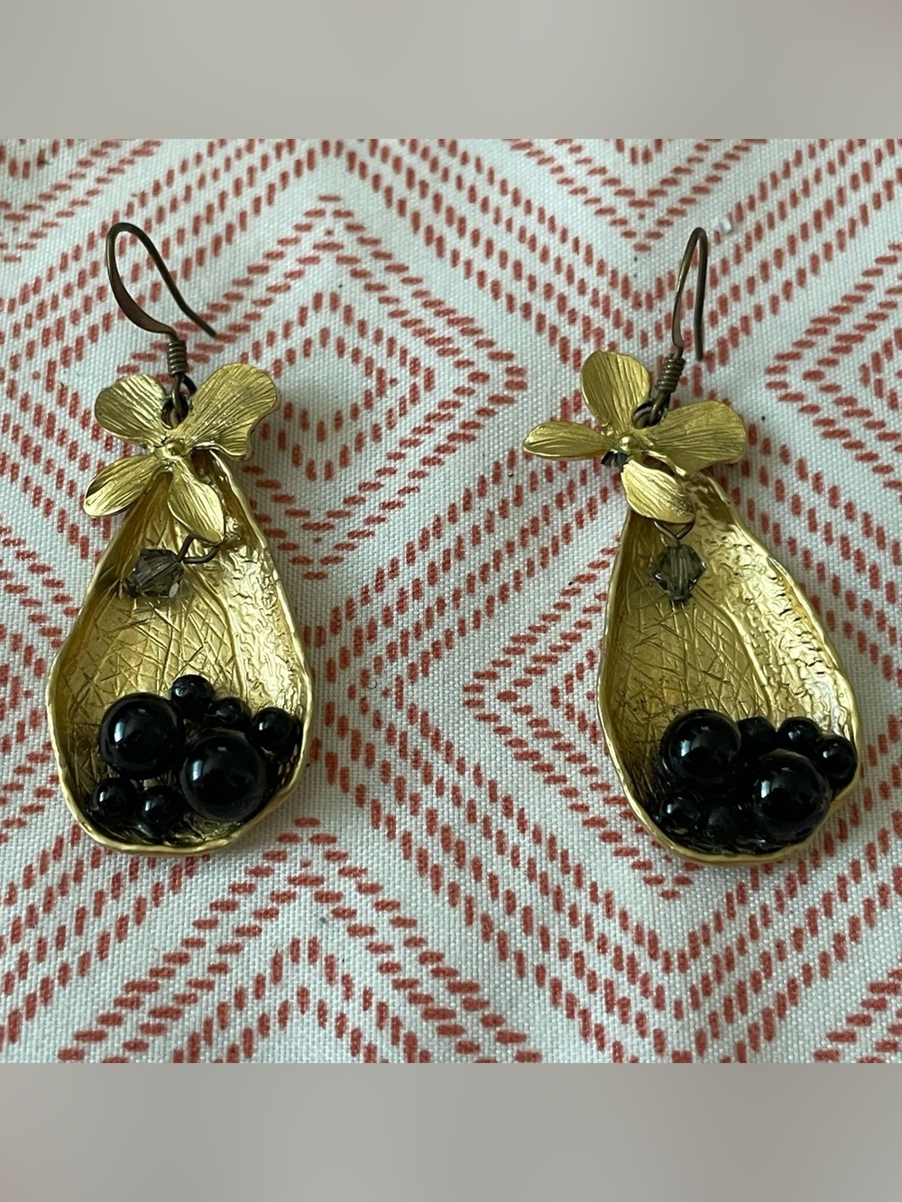 Gold Floral Drop Earrings with Black Bead Accents